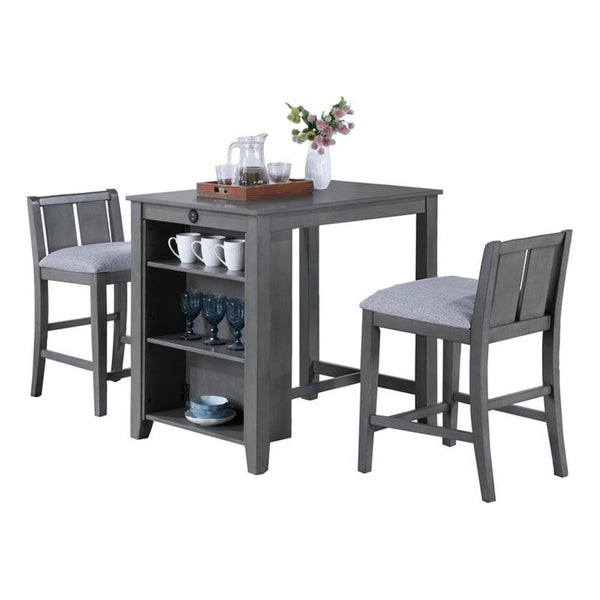 3-Piece Counter Height Dining Set with USB Charging & Storage Shelves