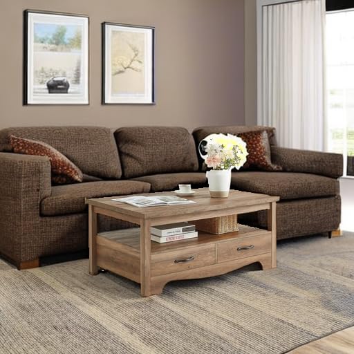 Farmhouse Coffee Table with Storage Drawers and Open Shelf