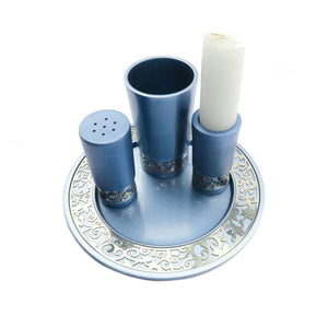 Blue Anodized Aluminum Havdalah Set – 4-Piece Judaica with Kiddush Cup, Spice Box, Candle Holder & Plate