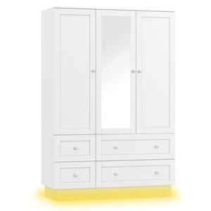 LED Wardrobe Closet with Mirror, 4 Drawers & Hanging Rod