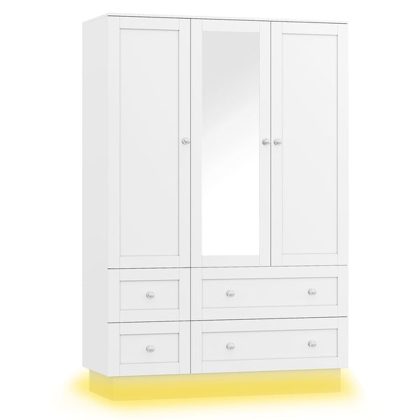 LED Wardrobe Closet with Mirror, 4 Drawers & Hanging Rod