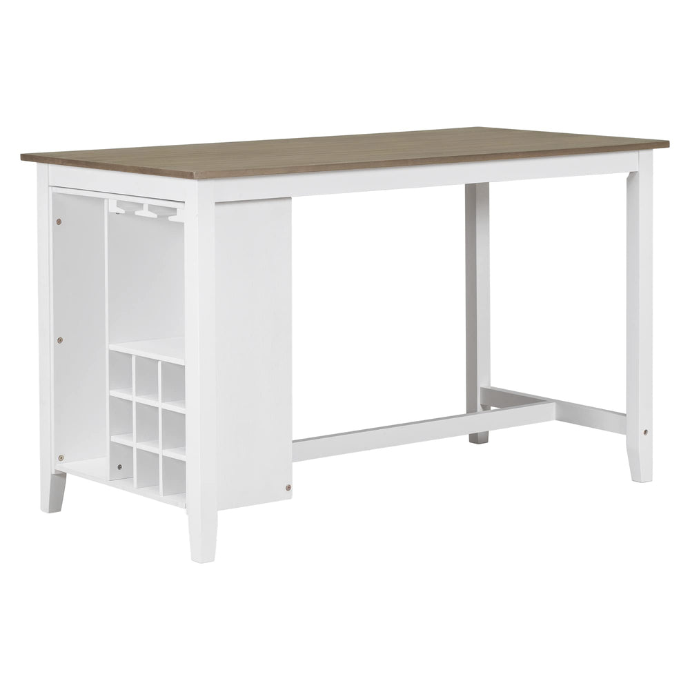 5-Piece Counter Height Dining Set with Wine Storage — Rubber Wood, Brown & White Wash