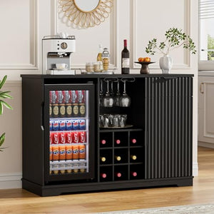 Fluted Coffee Bar Cabinet with Built-In Mini Fridge, Wine Rack & Glass Holder