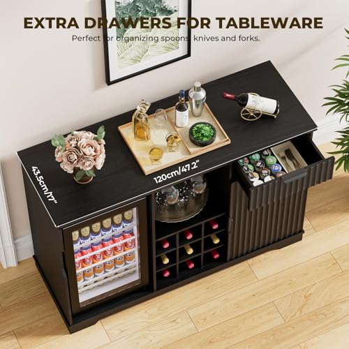 Fluted Coffee Bar Cabinet with Built-In Mini Fridge, Wine Rack & Glass Holder