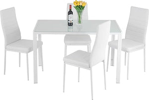 5-Piece Glass Dining Table Set with 4 Upholstered Faux Leather Chairs