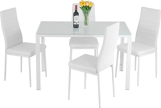 5-Piece Glass Dining Table Set with 4 Upholstered Faux Leather Chairs
