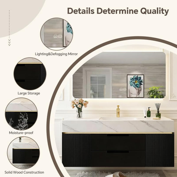 60-Inch Modern Bathroom Vanity with LED Mirror & Solid Wood Cabinet
