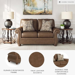 Rustic Faux Leather Loveseat with Nailhead Trim & Throw Pillows