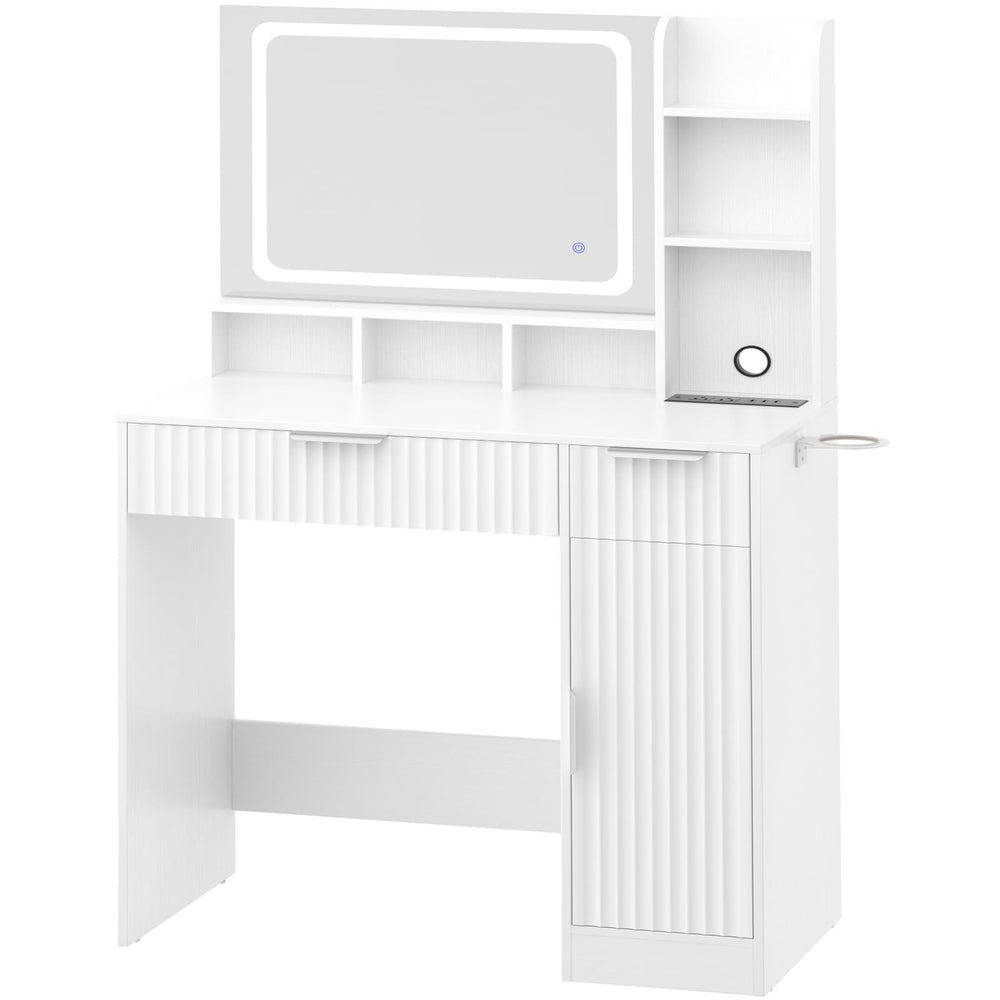 Fluted Makeup Vanity Desk with LED Mirror & Power Strip