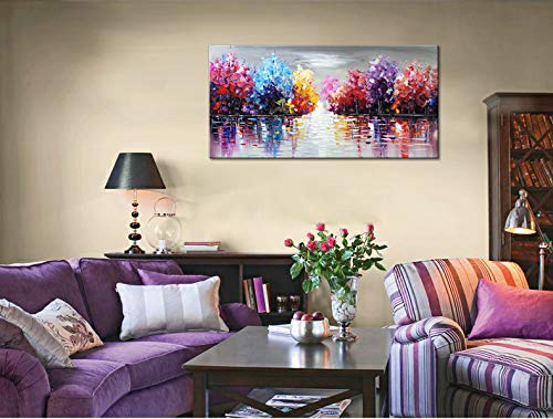 Hand Painted Lake Landscape Canvas Wall Art – Colorful Tree Thick Texture Oil Painting