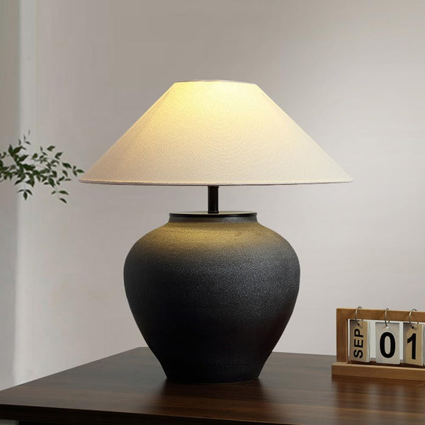 Black Ceramic Farmhouse Table Lamp with Fabric Shade