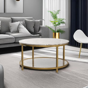Round Coffee Table with Open Shelf, 33.5" Faux Marble Top, Gold Metal Legs