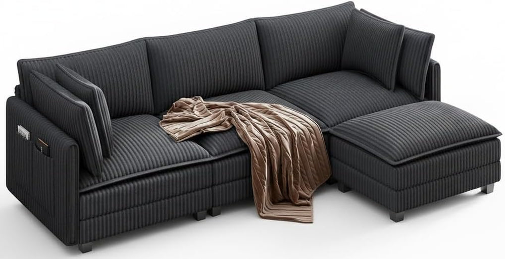 109" L-Shaped Corduroy Sectional Sofa with Ottoman