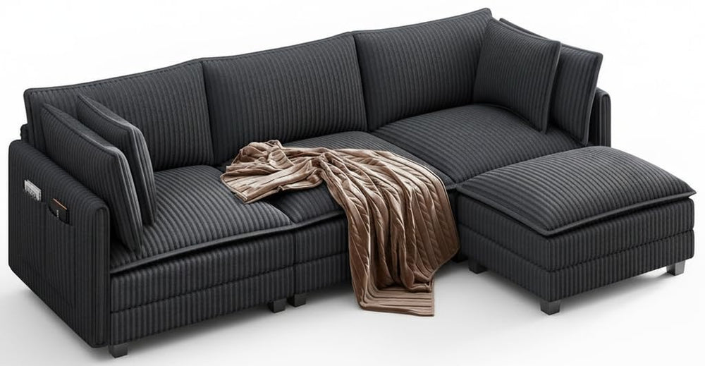 109" L-Shaped Corduroy Sectional Sofa with Ottoman