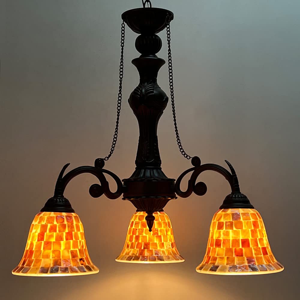 3-Light Tiffany Shell Mosaic Chandelier – Natural Shell & Glass Pendant Light