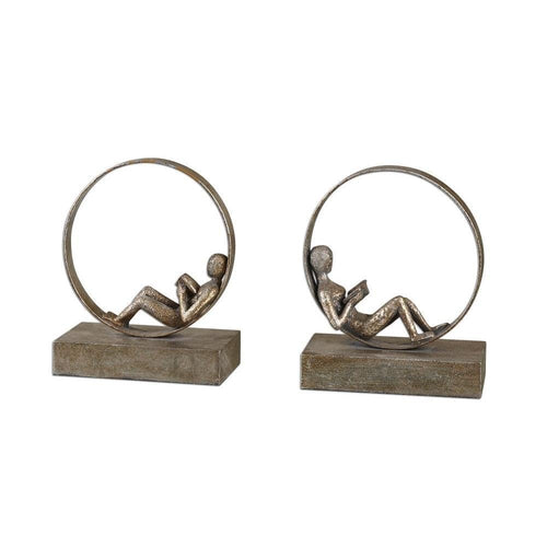 Lounging Reader Bookend Set of 2 – Antiqued Silver Leaf