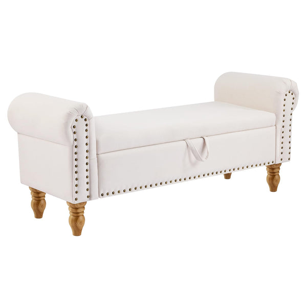 Upholstered Storage Bench with Rolled Arms & Nailhead Trim