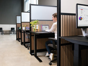 Modular Office Room Divider with Faux Wood Slats & Sound Dampening Panels