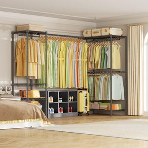 L-Shaped Corner Clothes Rack with Expandable Hanger Rod
