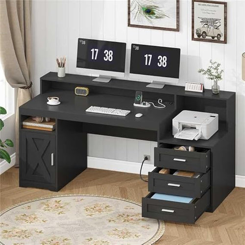65-Inch Farmhouse Computer Desk with Drawers and Power Outlets