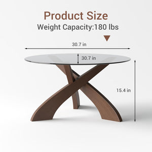 30.7" Round Glass Coffee Table with Walnut Wood X-Base