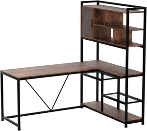L-Shaped Computer Desk with LED Light and Bookshelf