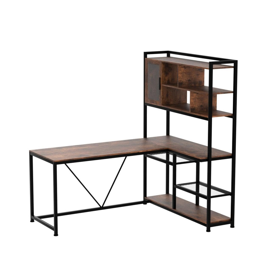L-Shaped Computer Desk with LED Light and Bookshelf