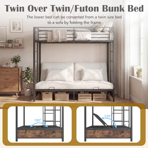 Twin Over Twin Futon Bunk Bed with Ladders & Guardrails