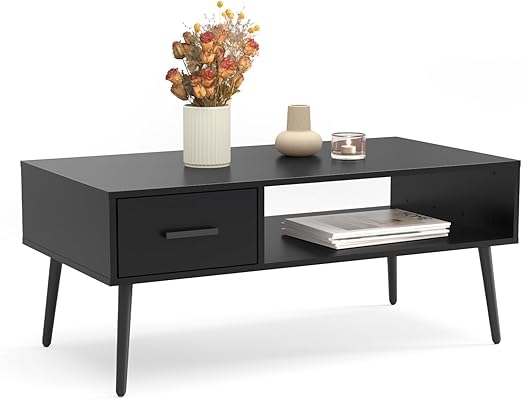 Mid Century Modern Coffee Table with Drawer & Open Storage Shelf