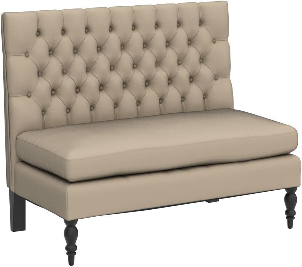 Mid-Century Modern Upholstered Settee Bench – Linen Fabric, Button Tufted, Khaki