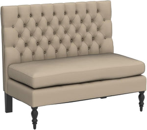 Mid-Century Modern Upholstered Settee Bench – Linen Fabric, Button Tufted, Khaki