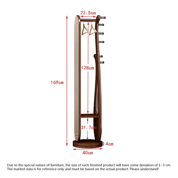 Rotating Floor Coat Rack with Dressing Mirror & Solid Wood Storage