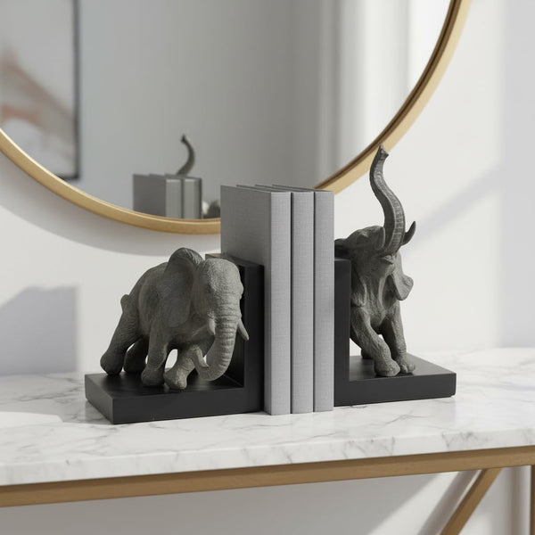 Elephant Bookends – Gray & Black Resin Duo