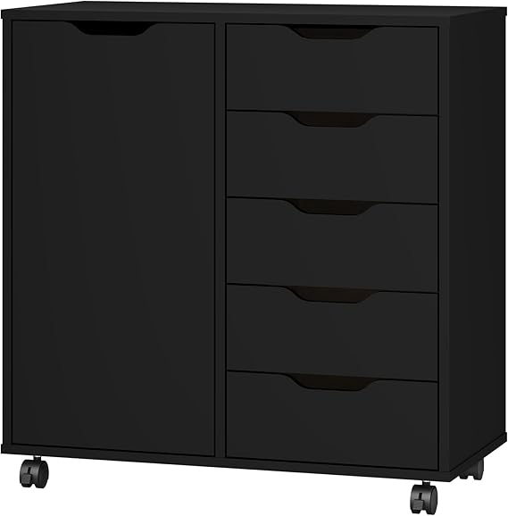 5-Drawer Chest with Door & Wheels – Wood Storage Dresser Cabinet