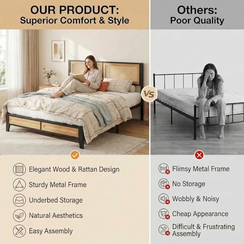 Boho Platform Bed Frame with Rattan Headboard & Underbed Storage