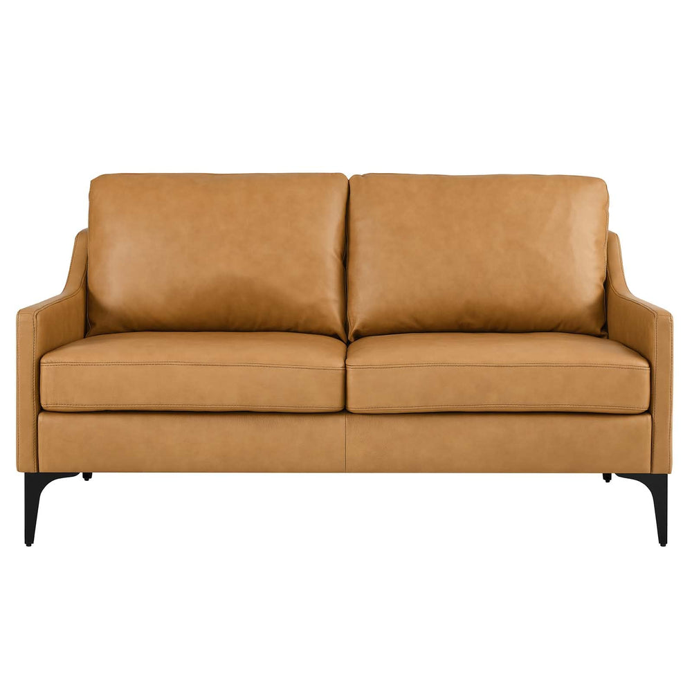 Mid-Century Modern Top-Grain Leather Loveseat – Tan