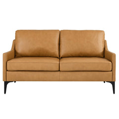 Mid-Century Modern Top-Grain Leather Loveseat – Tan