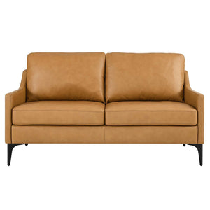 Mid-Century Modern Top-Grain Leather Loveseat – Tan