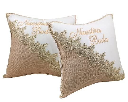 Wedding Kneeling Pillow Set of 2 – Ivory Satin & Lace with Embroidery
