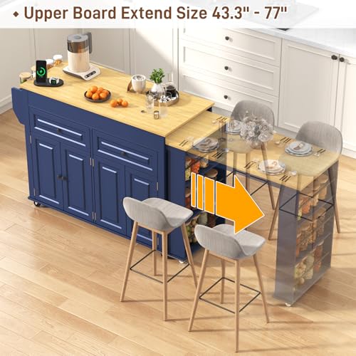 80"-48" Extendable Kitchen Island with Extended Dining Table and Power Outlet,Large Mobile Kitchen Storage Islands with 2 Storage Drawers,Rolling Islands Cart with 3 Extra Rows Open Shelves(Blue)