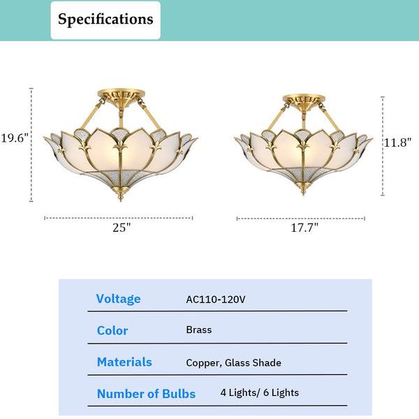Brass Stained Glass Semi-Flush Mount Ceiling Light