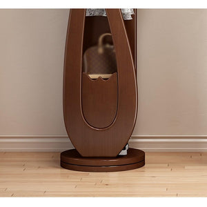 Rotating Floor Coat Rack with Dressing Mirror & Solid Wood Storage