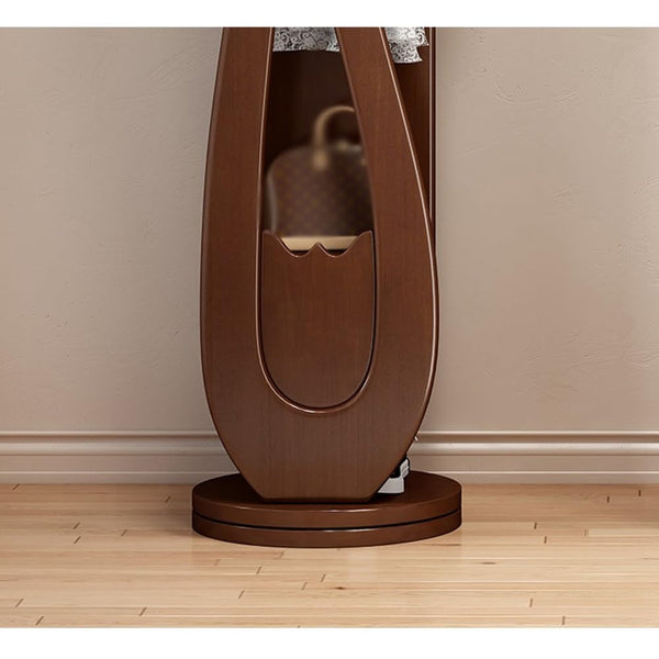Rotating Floor Coat Rack with Dressing Mirror & Solid Wood Storage