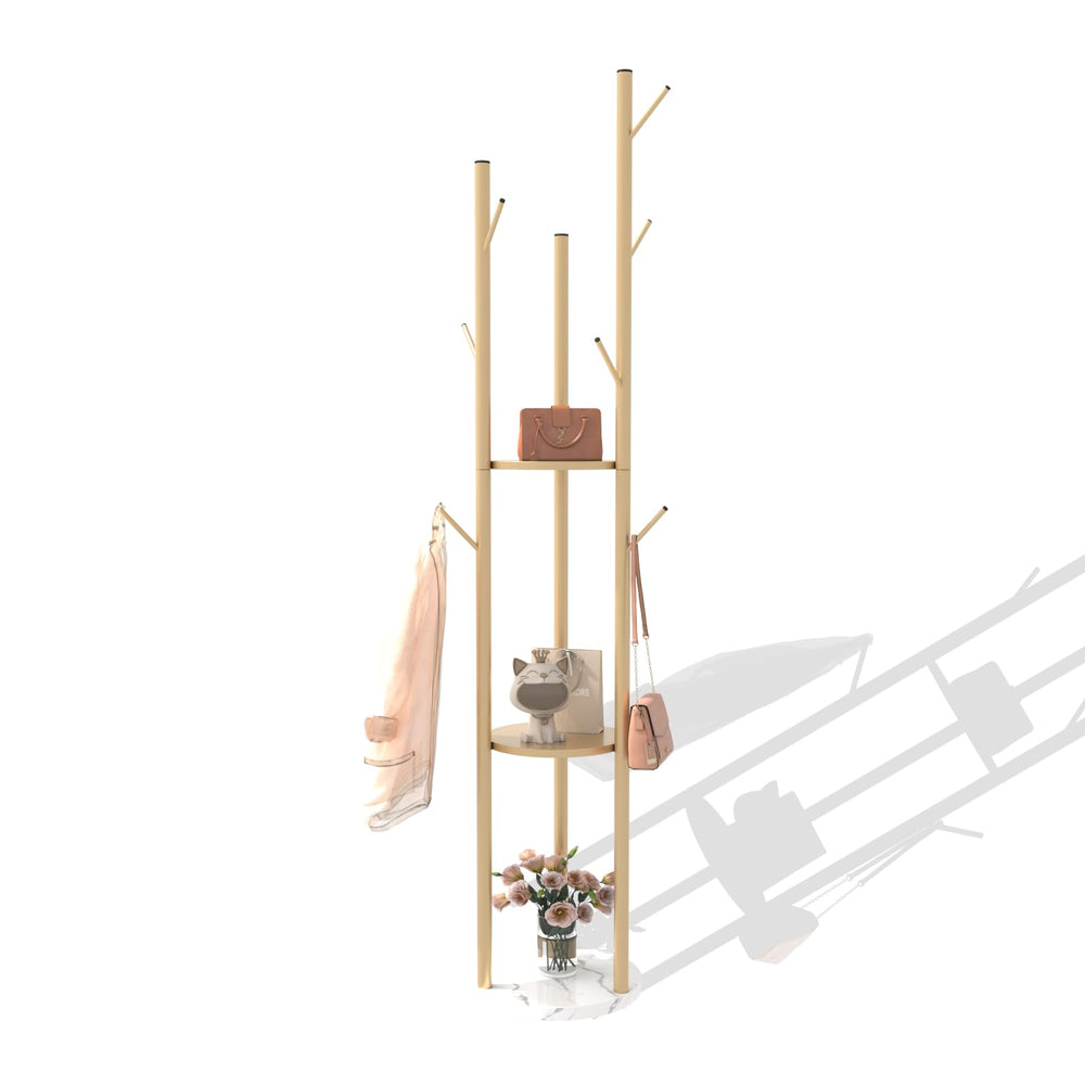 Gold Metal Coat Rack with Shelves & Marble Base