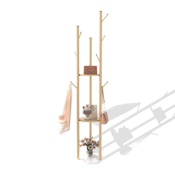 Gold Metal Coat Rack with Shelves & Marble Base
