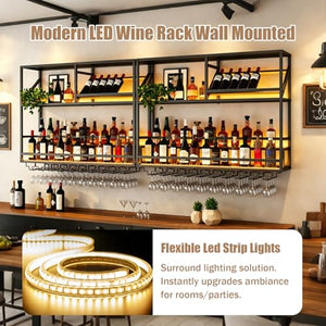 Wall Mounted Bar Shelf with LED & Wine Glass Rack