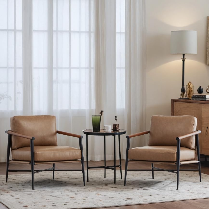 Mid-Century Modern Accent Chair Set of 2 – Faux Leather Armchair with Metal Frame