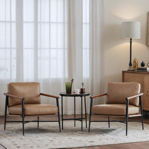 Mid-Century Modern Accent Chair Set of 2 – Faux Leather Armchair with Metal Frame