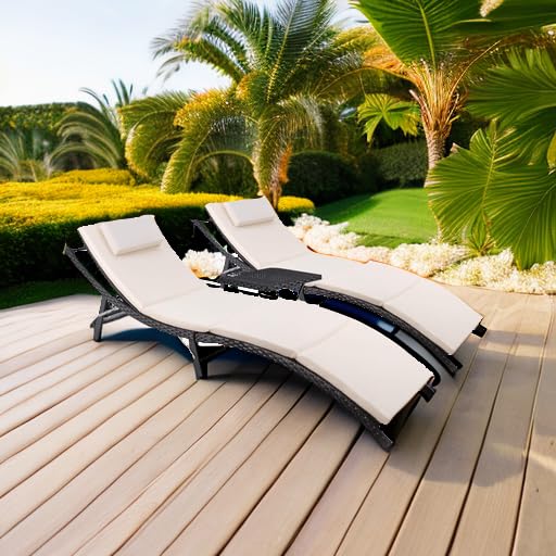 Outdoor Rattan Chaise Lounge Set with Folding Table – 3 Piece