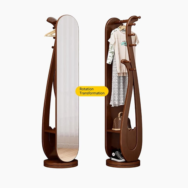 Rotating Floor Coat Rack with Dressing Mirror & Solid Wood Storage